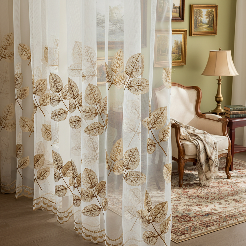 Champagne Beige Botanical Leaf Embroidered Sheer Curtains – Rustic Farmhouse Scalloped Lace Panels