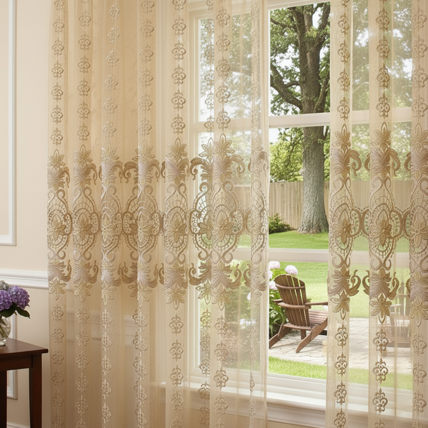 Champagne Gold Damask Embroidered Sheer Curtains – Elegant Victorian Lace