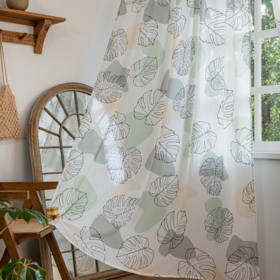 White Sheer Curtains with Green Tropical Leaf Plant Print