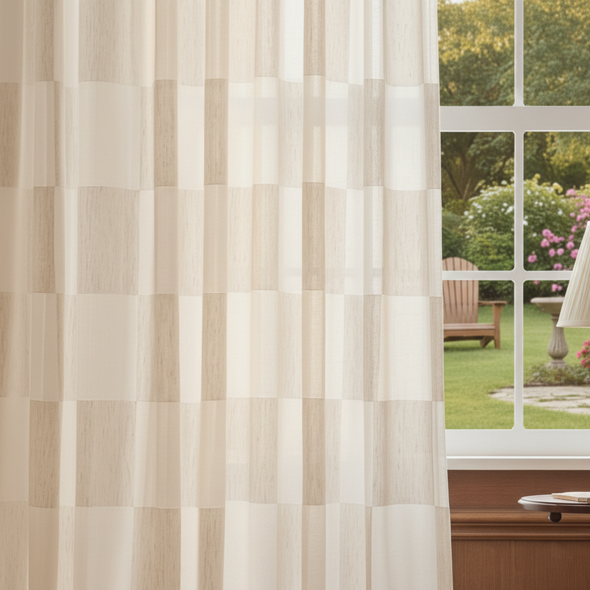 Ivory Beige Linen Look Checkered Sheer Curtains – Large Geometric Square Pattern Modern Curtains