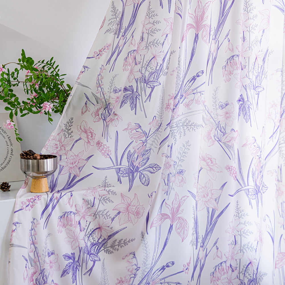 White Sheer Curtains with Vintage Purple Flower and Pink Leaves Print