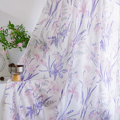 White Sheer Curtains with Vintage Purple Flower and Pink Leaves Print
