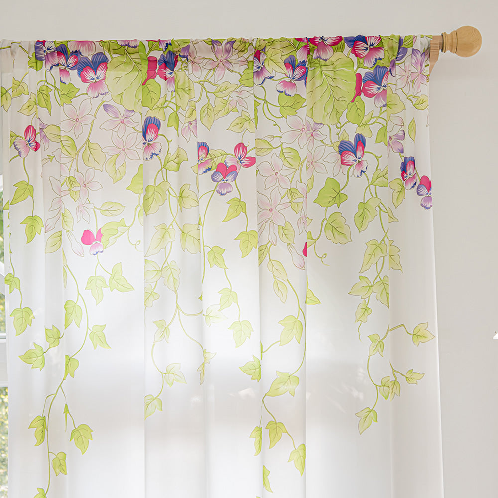 White Sheer Curtains with Green Plant Leaves, Vines, and Butterfly Print