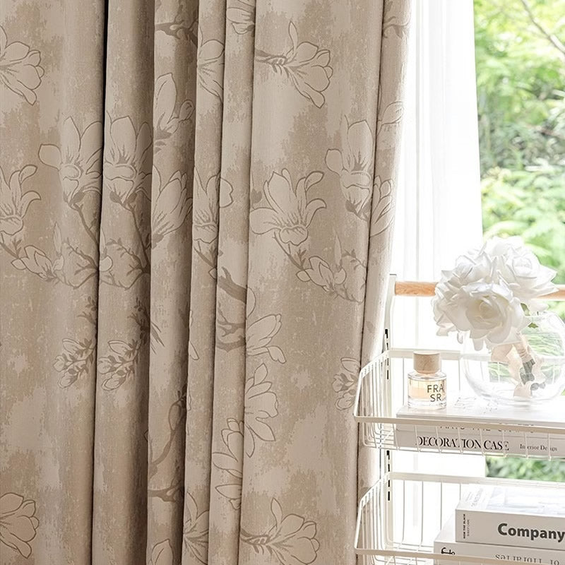 Beige Chenille Blackout Curtains with Magnolia Flower Jacquard
