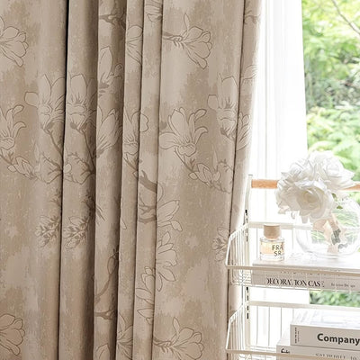 Beige Chenille Blackout Curtains with Magnolia Flower Jacquard