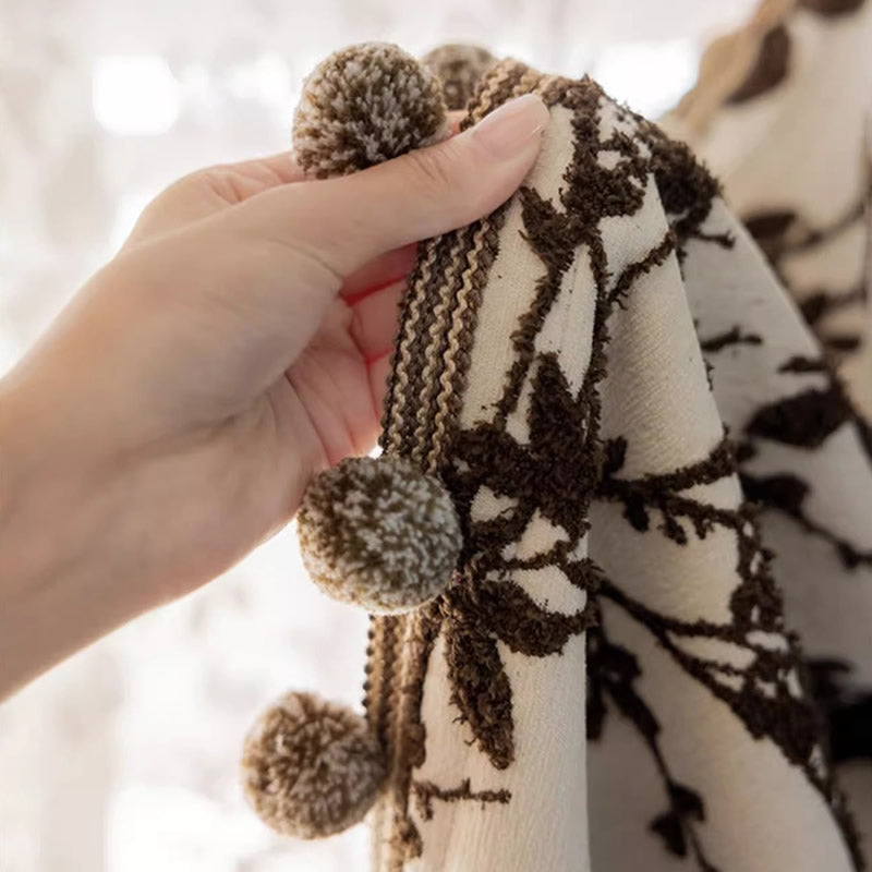 Chenille Blackout Curtains,Black Floral Branch Jacquard, Pom Pom Trim