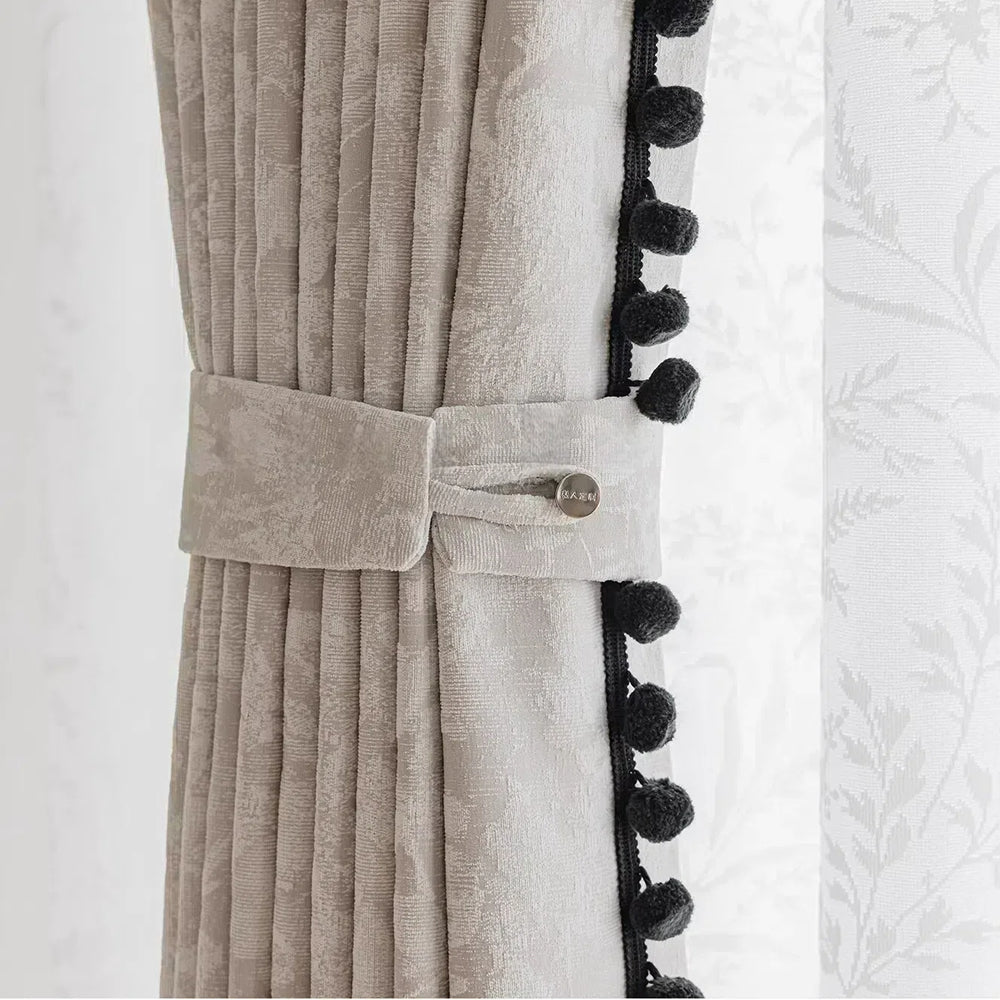Beige Blackout Curtains with Vintage Jacquard Black Pom Pom Trim