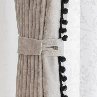 Beige Blackout Curtains with Vintage Jacquard Black Pom Pom Trim