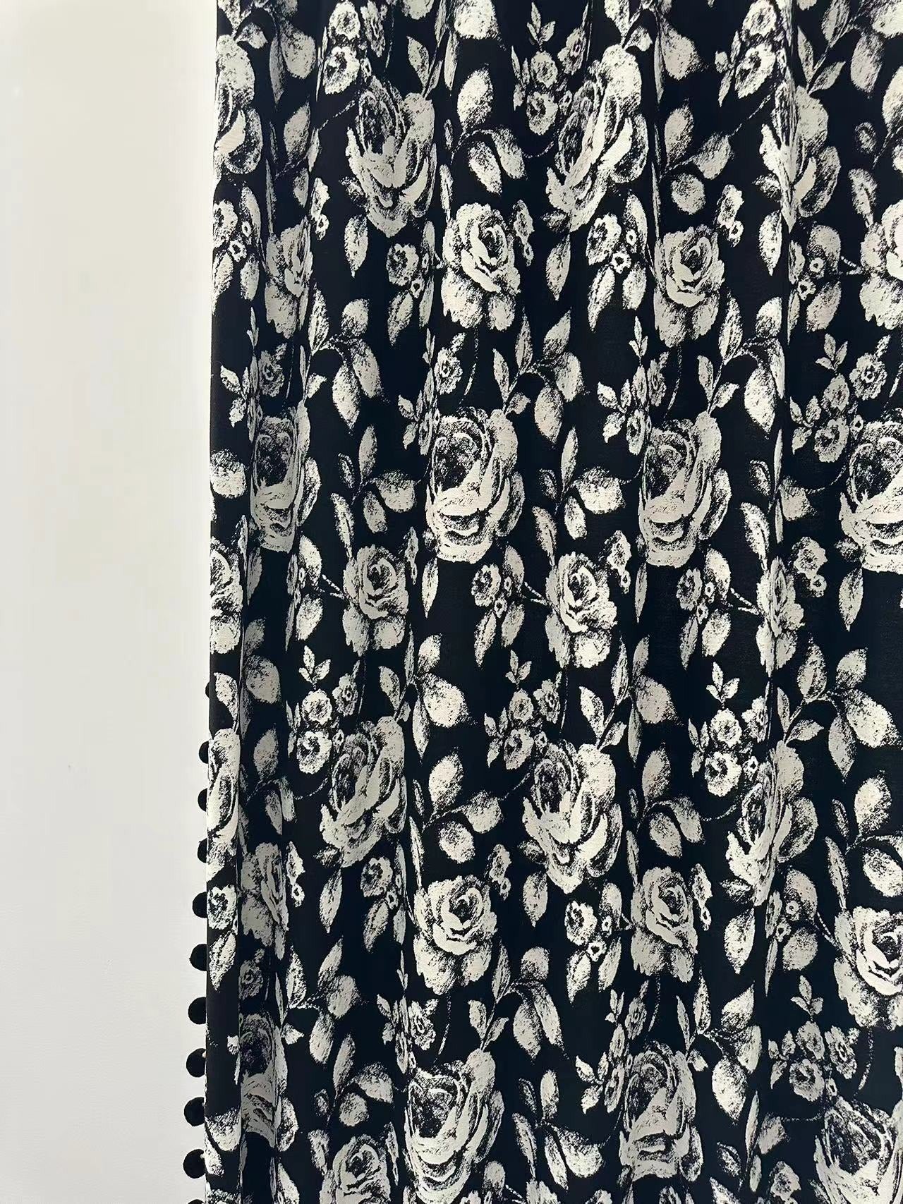 Black Chenille Blackout Curtains with White Rose Jacquard and Black Pom Pom Trim