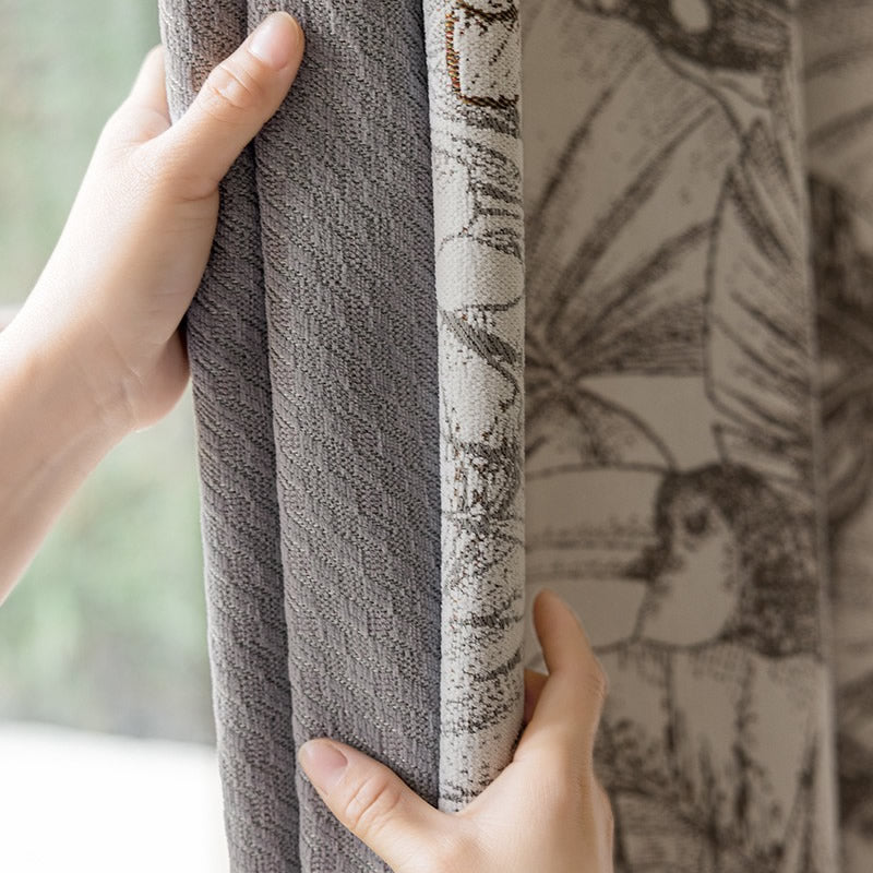 Gray Patchwork Chenille Blackout Curtains with Tropical Plants, Flowers, Brid,Parrots Jacquard