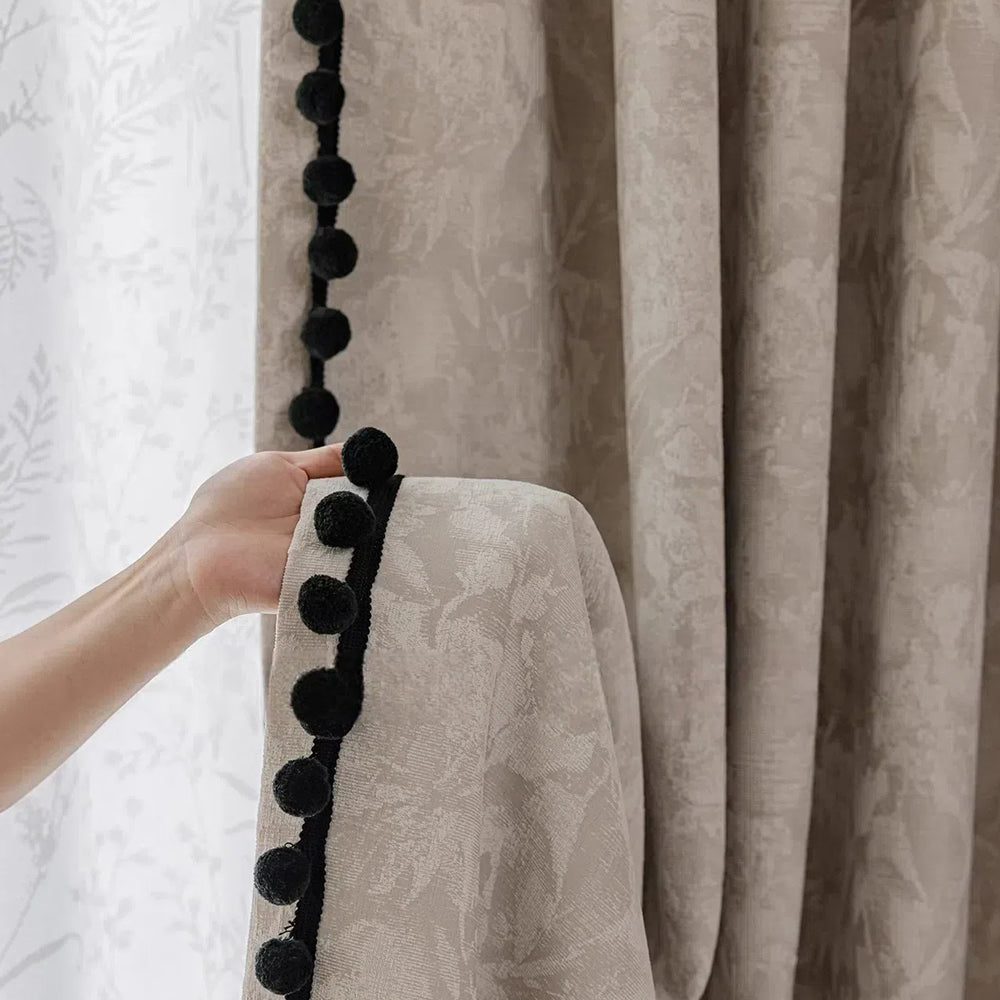 Beige Blackout Curtains with Vintage Jacquard Black Pom Pom Trim