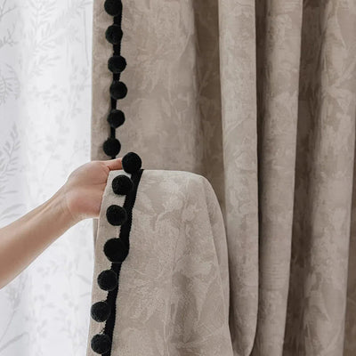 Beige Blackout Curtains with Vintage Jacquard Black Pom Pom Trim