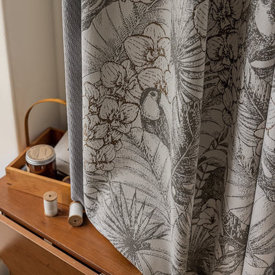 Gray Patchwork Chenille Blackout Curtains with Tropical Plants, Flowers, Brid,Parrots Jacquard