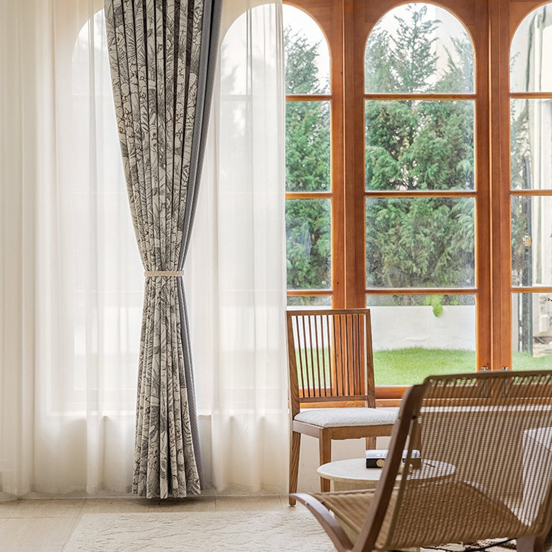Gray Patchwork Chenille Blackout Curtains with Tropical Plants, Flowers, Brid,Parrots Jacquard
