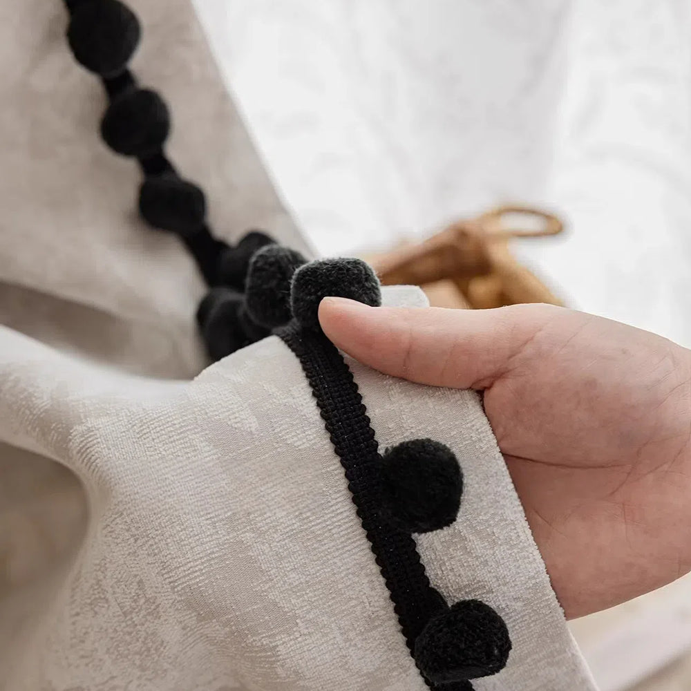 Beige Blackout Curtains with Vintage Jacquard Black Pom Pom Trim
