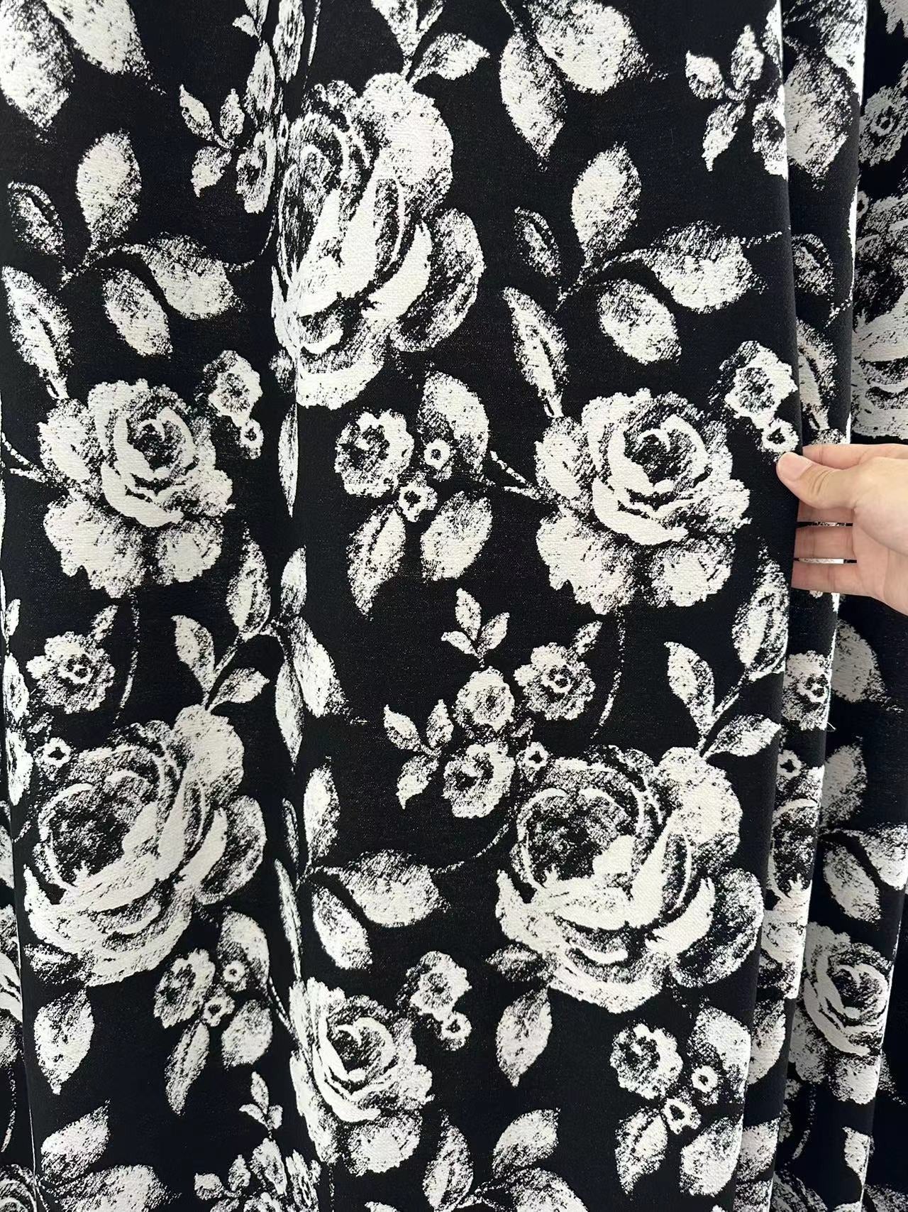 Black Chenille Blackout Curtains with White Rose Jacquard and Black Pom Pom Trim