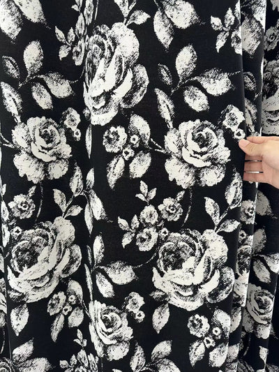 Black Chenille Blackout Curtains with White Rose Jacquard and Black Pom Pom Trim
