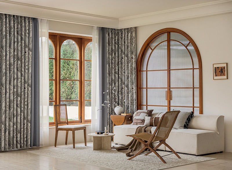 Gray Patchwork Chenille Blackout Curtains with Tropical Plants, Flowers, Brid,Parrots Jacquard