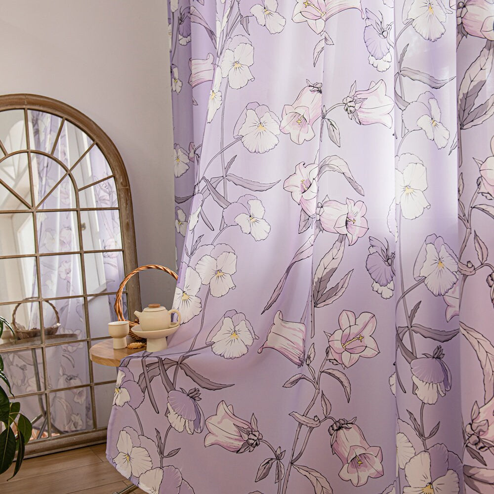 Purple Sheer Window Curtains with Campanula Floral Design