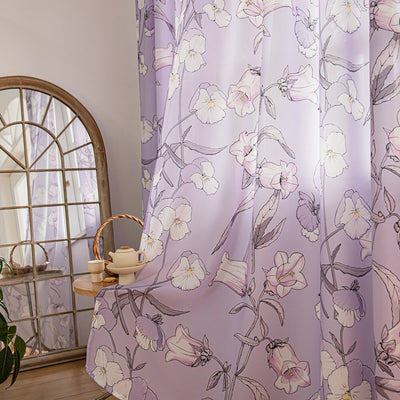 Purple Sheer Window Curtains with Campanula Floral Design