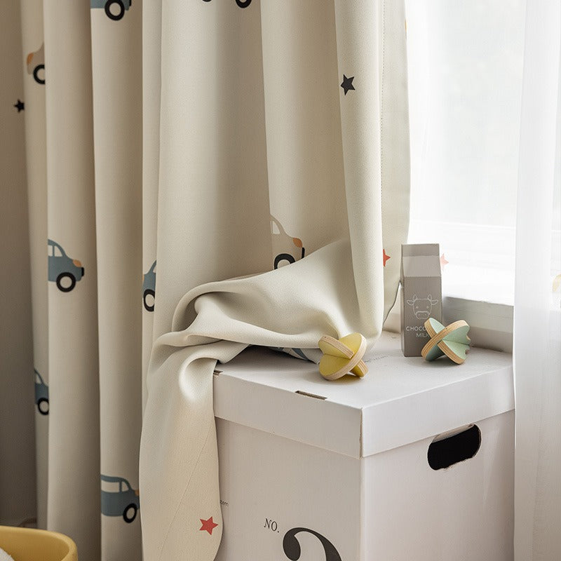 Kids Beige Cotton Linen Blackout Curtains with Car Print