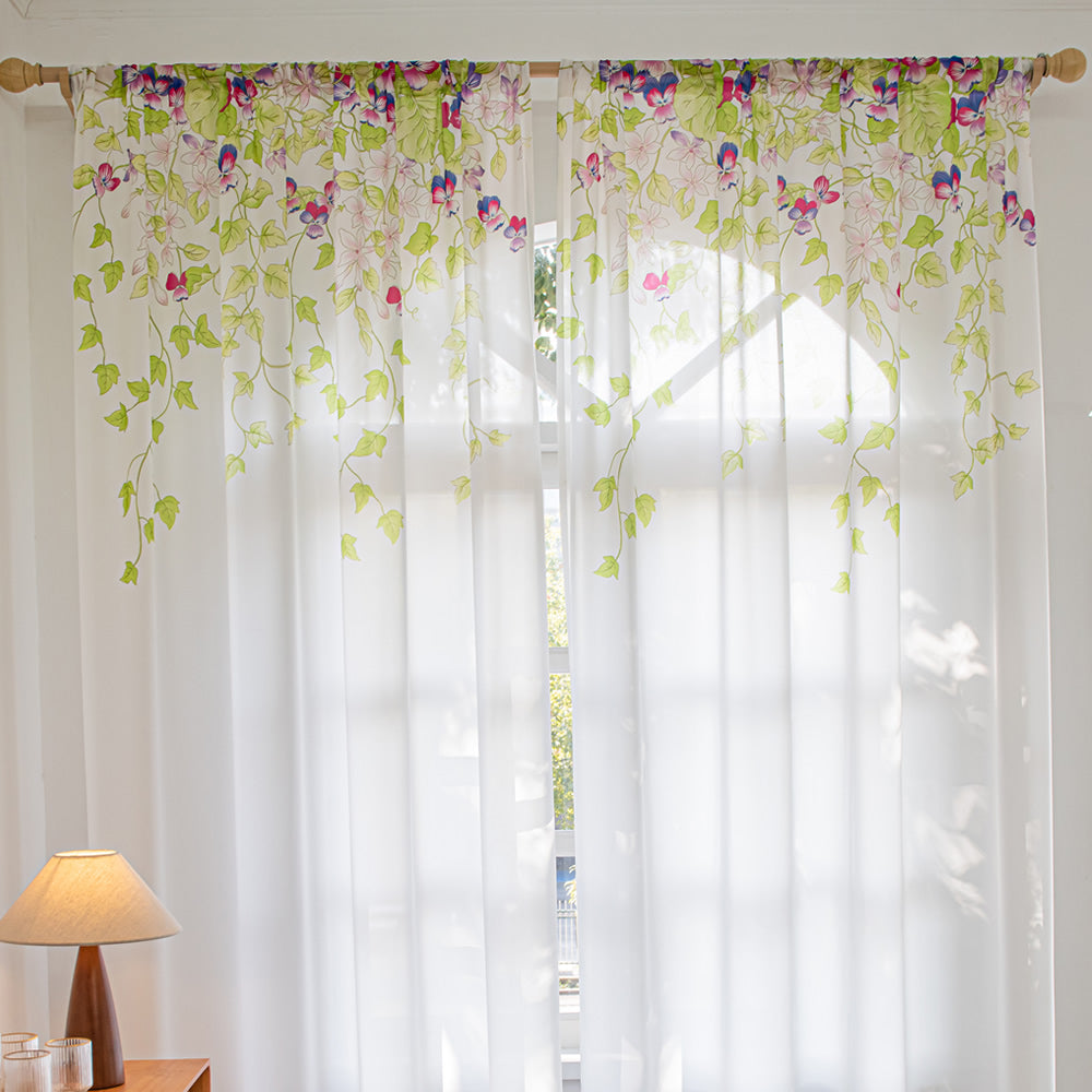 White Sheer Curtains with Green Plant Leaves, Vines, and Butterfly Print