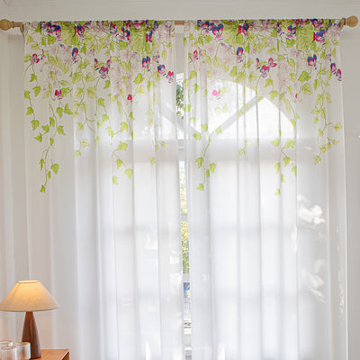 White Sheer Curtains with Green Plant Leaves, Vines, and Butterfly Print