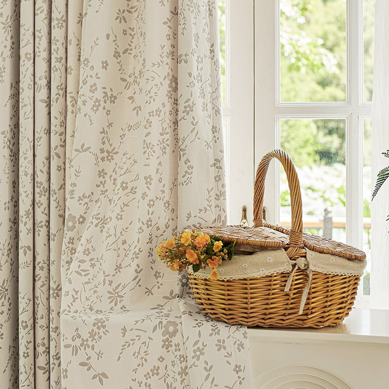 Cream Chenille Blackout Curtains with Country Style Floral Jacquard