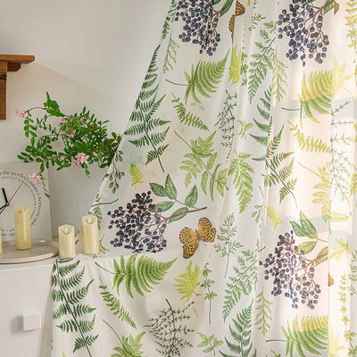 White Sheer Curtains with Green Leaf, Blueberry, and Butterfly Print