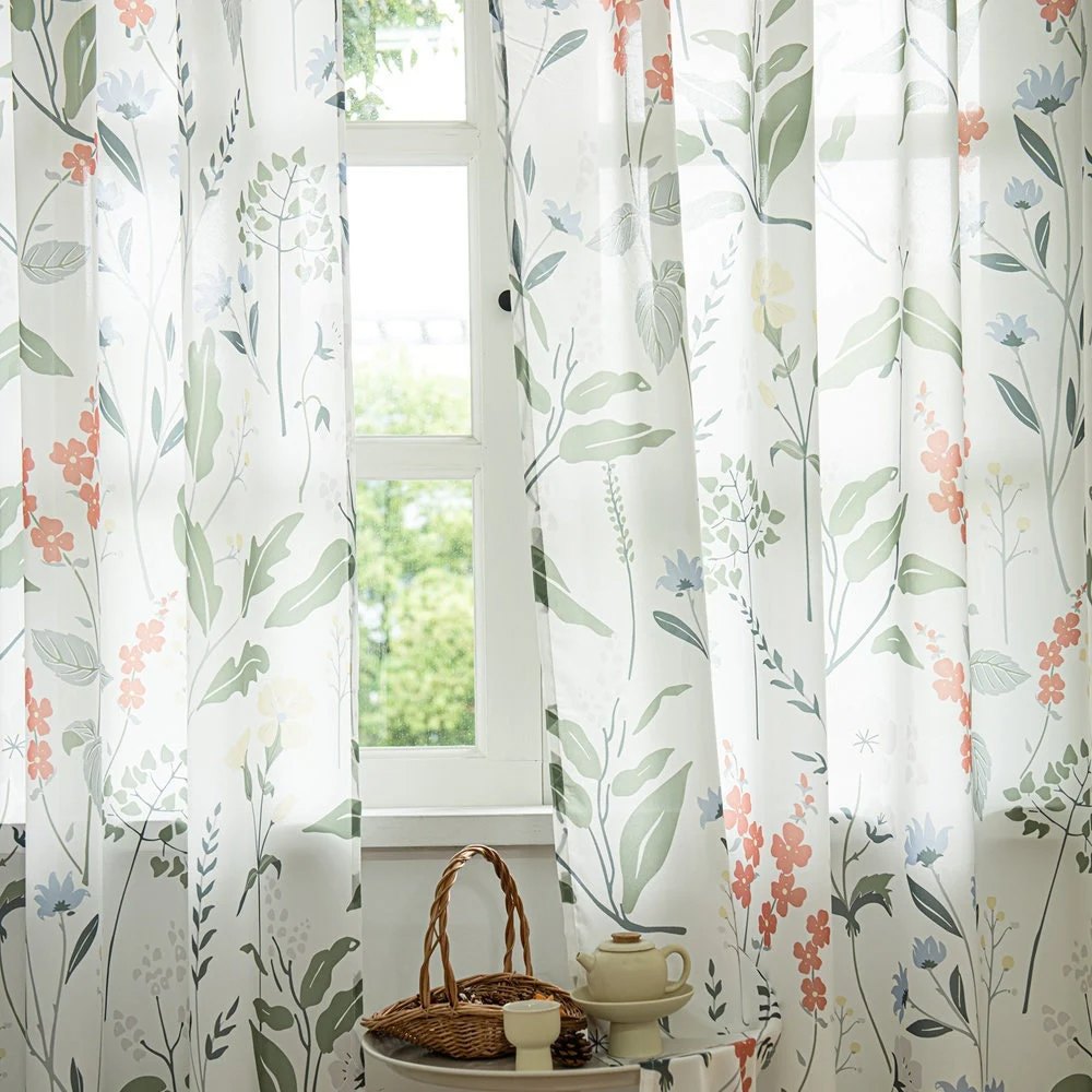 Green Leaf Floral Country Farmhouse White Sheer Curtains