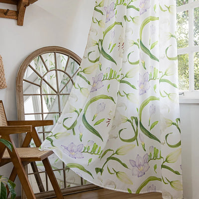 White Sheer Curtains with Watercolor Lily, Purple Flower, and Green Leaves Print