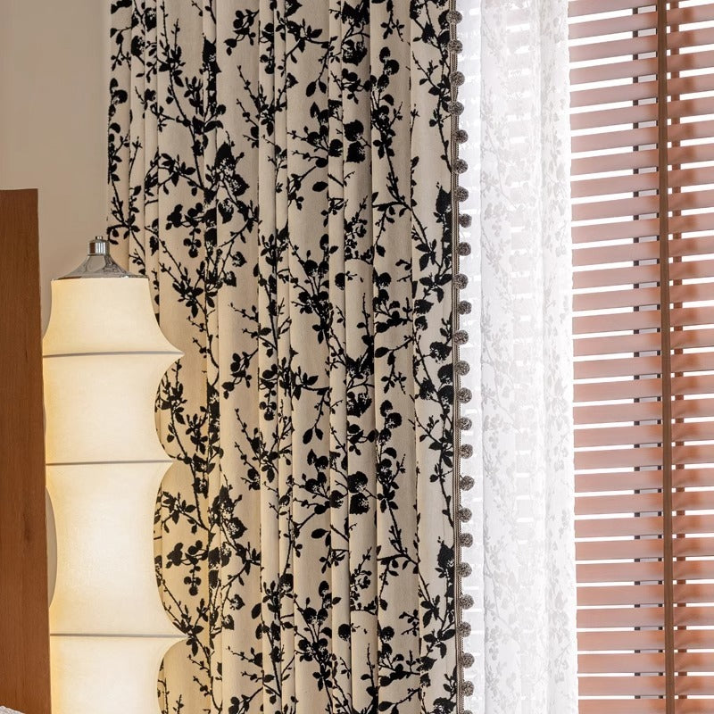 Chenille Blackout Curtains,Black Floral Branch Jacquard, Pom Pom Trim