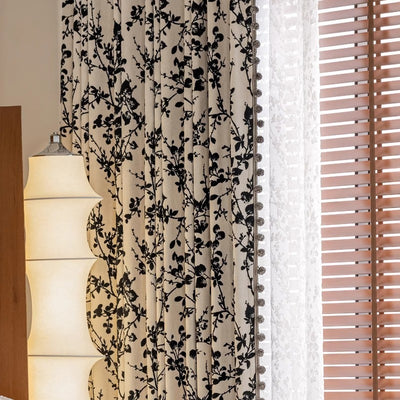 Chenille Blackout Curtains,Black Floral Branch Jacquard, Pom Pom Trim