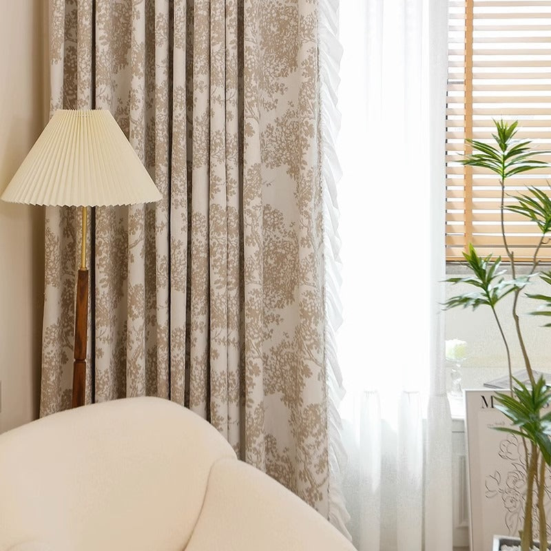 Cream Chenille Blackout Curtains with Jacquard Yumberry Tree White Ruffle Trim