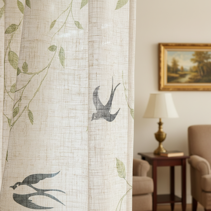 Natural Beige Swallow Bird & Green Leaf Sheer Curtains – Botanical Linen Look Window Panels
