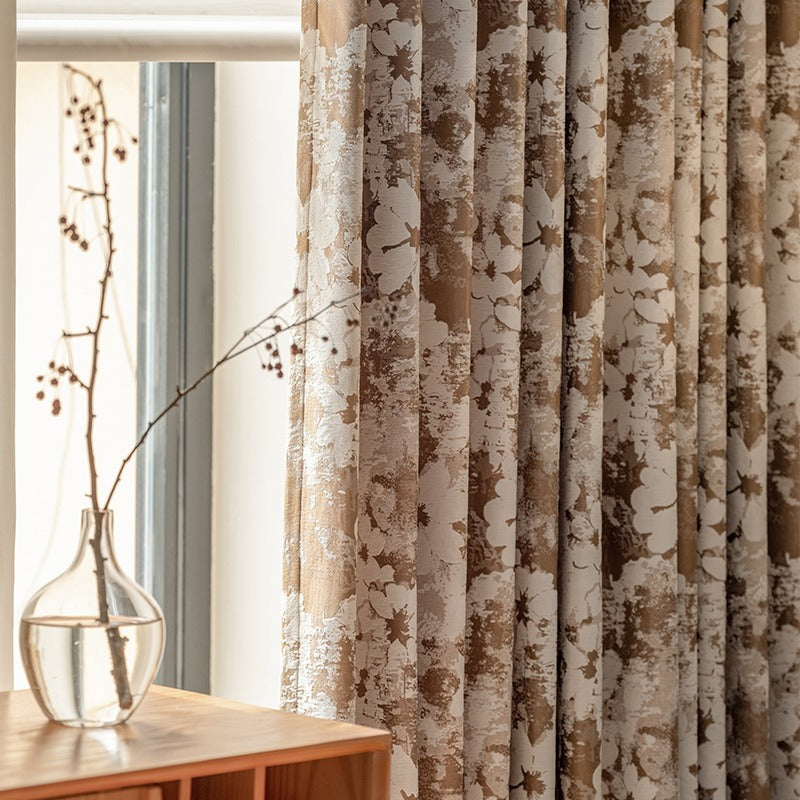 Brown Blackout Curtains with White Artistic Vintage Floral Jacquard