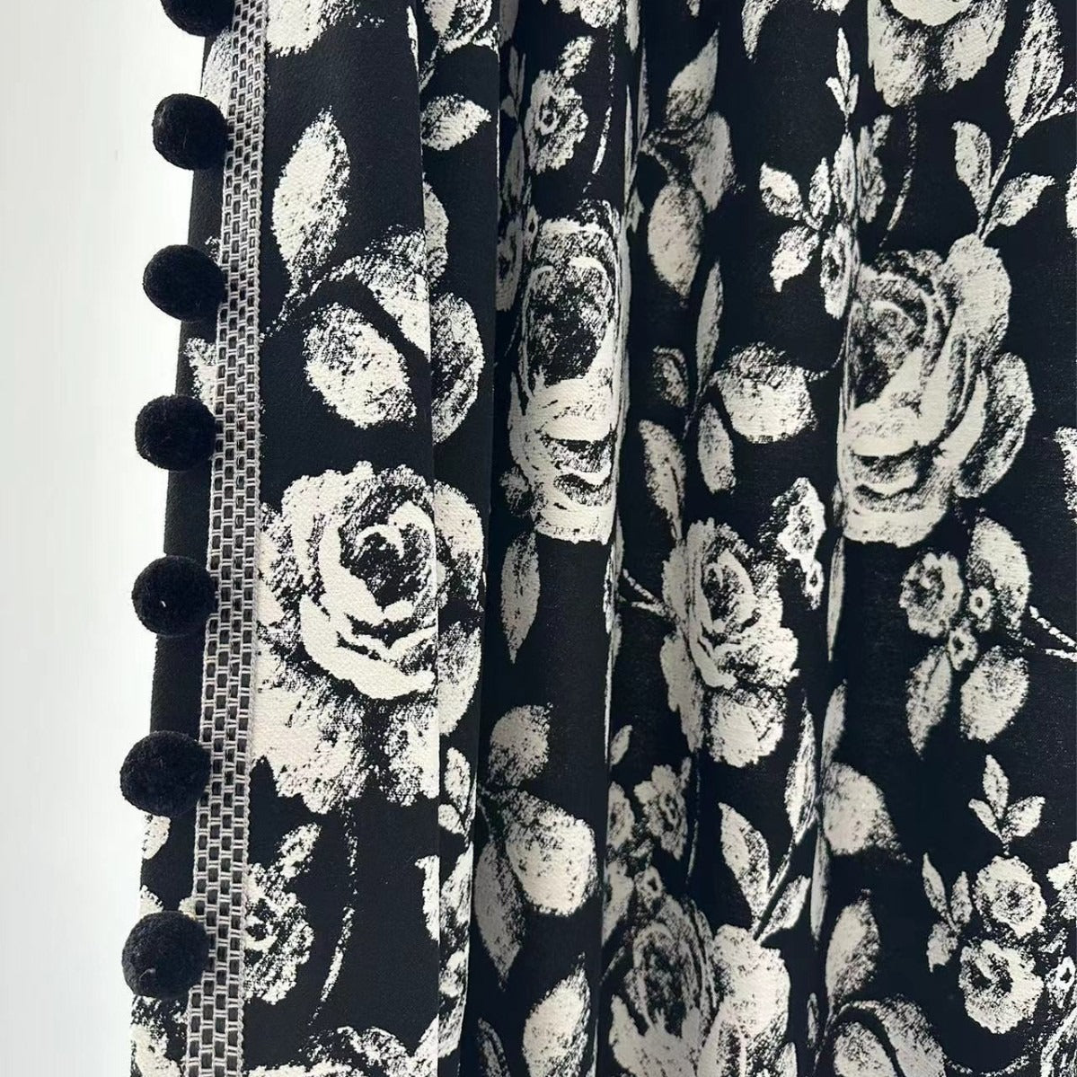Black Chenille Blackout Curtains with White Rose Jacquard and Black Pom Pom Trim