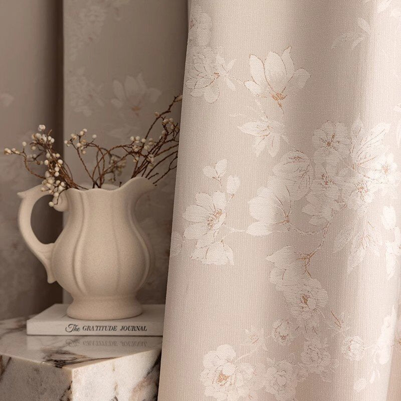 Beige Chenille Blackout Curtains with Magnolia Vintage Flower Jacquard