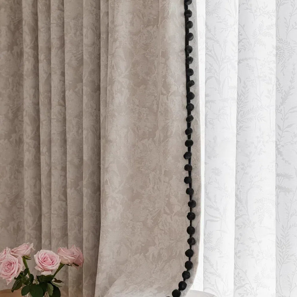 Beige Blackout Curtains with Vintage Jacquard Black Pom Pom Trim