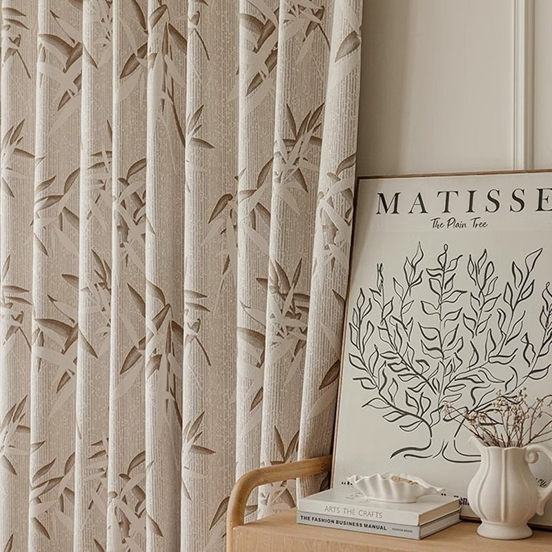 Beige Blackout Curtains with Jacquard Bamboo Pattern