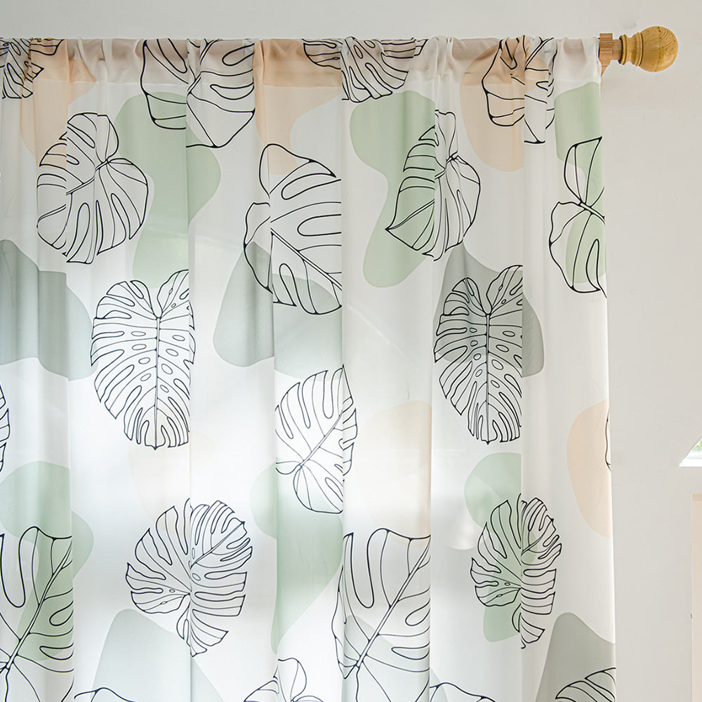White Sheer Curtains with Green Tropical Leaf Plant Print