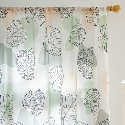 White Sheer Curtains with Green Tropical Leaf Plant Print