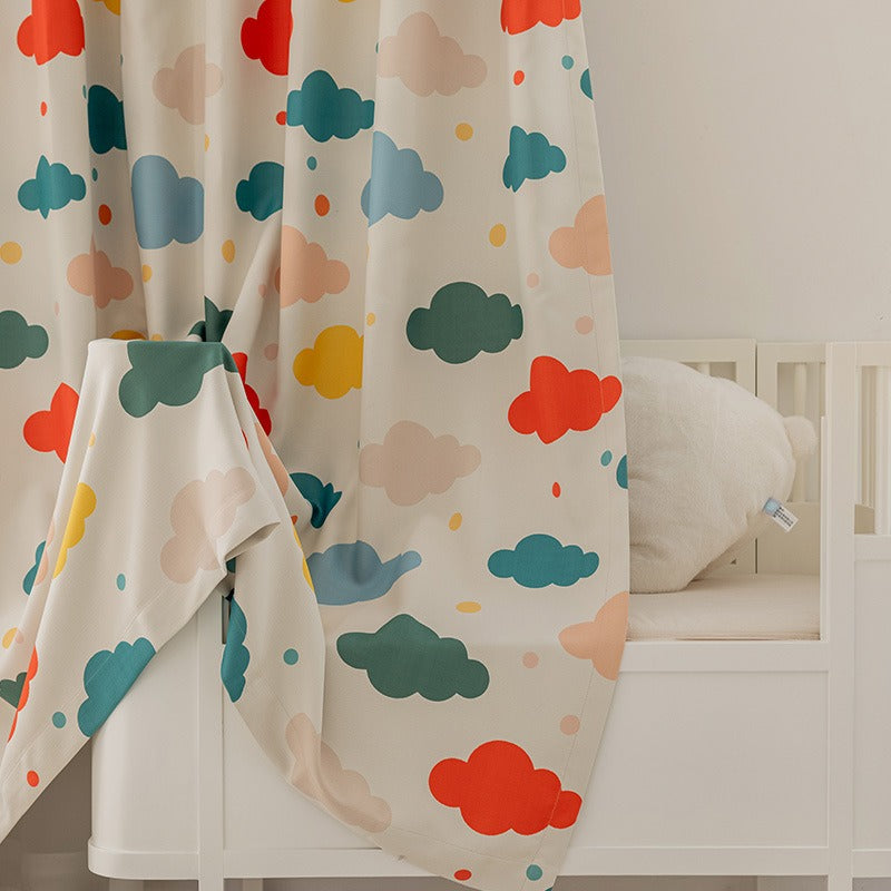 Kids Beige Cotton Linen Blackout Curtains with Colorful Cloud Print