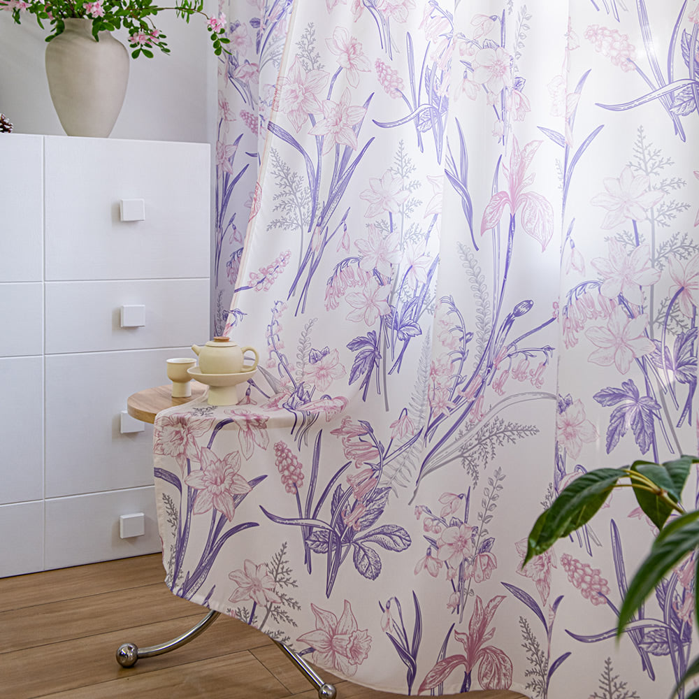 White Sheer Curtains with Vintage Purple Flower and Pink Leaves Print
