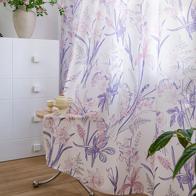 White Sheer Curtains with Vintage Purple Flower and Pink Leaves Print