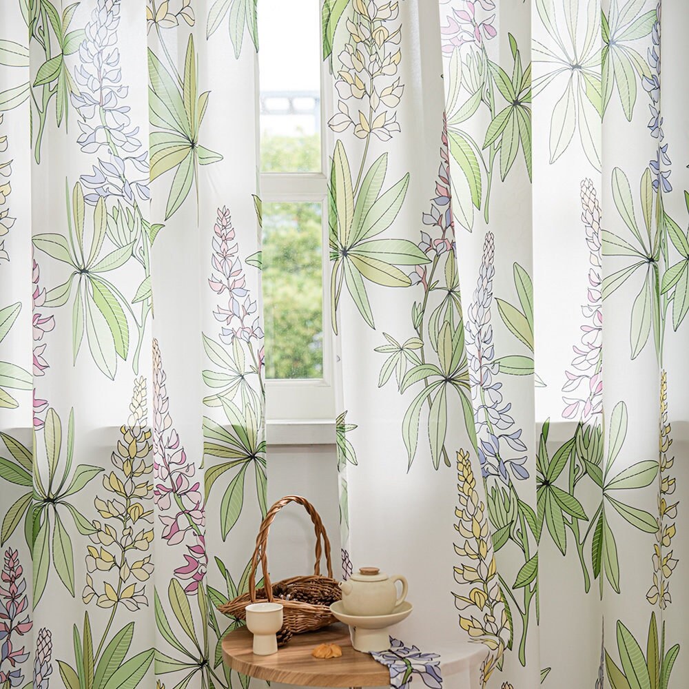 White Sheer Curtains with Purple Lavender Floral and Green Leaves Print