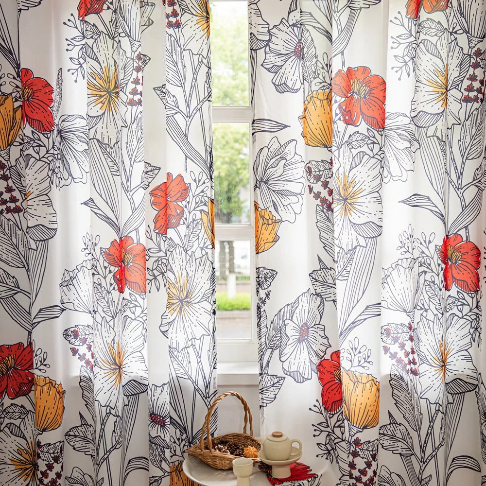 Art Retro Sheer Curtains Orange Floral Design