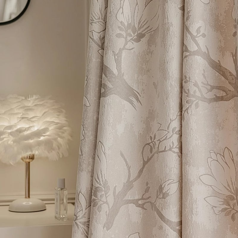 Beige Chenille Blackout Curtains with Magnolia Flower Jacquard