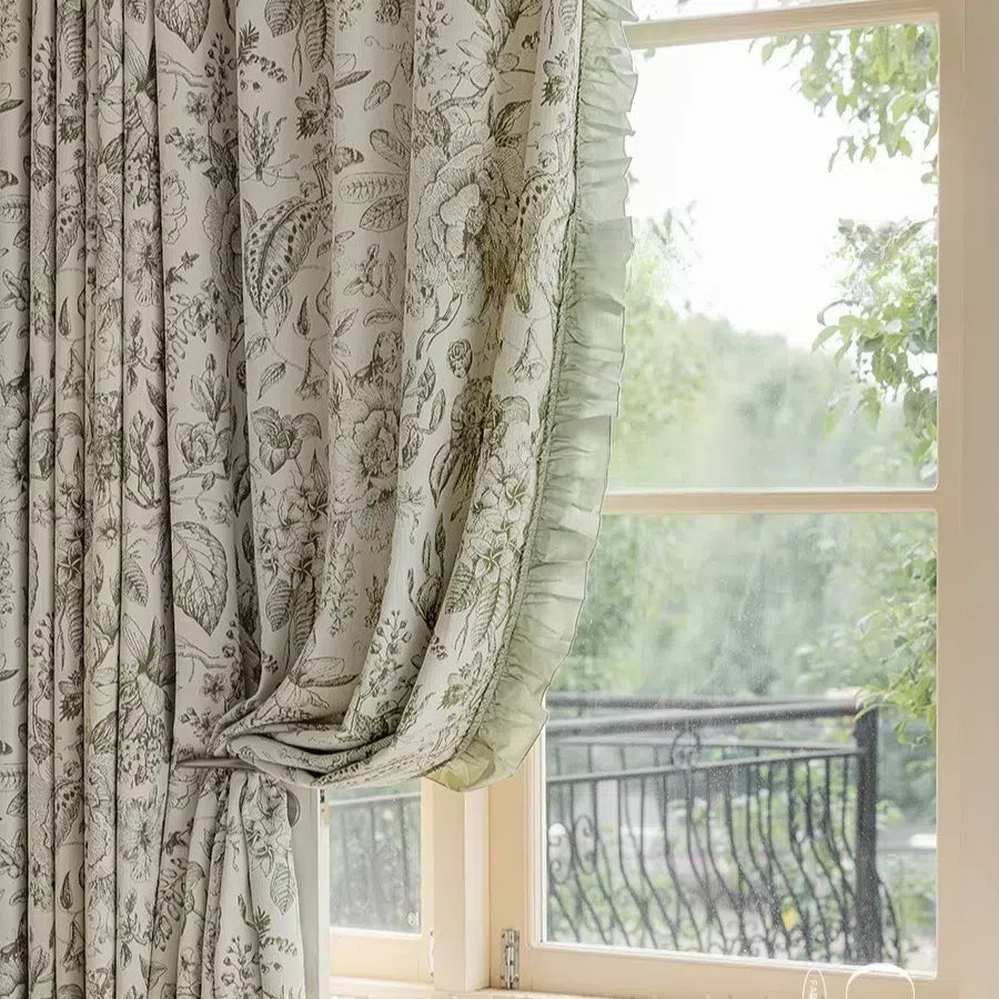 Green Blackout Curtains with Floral Plant Jacquard and Green Leaf Trim