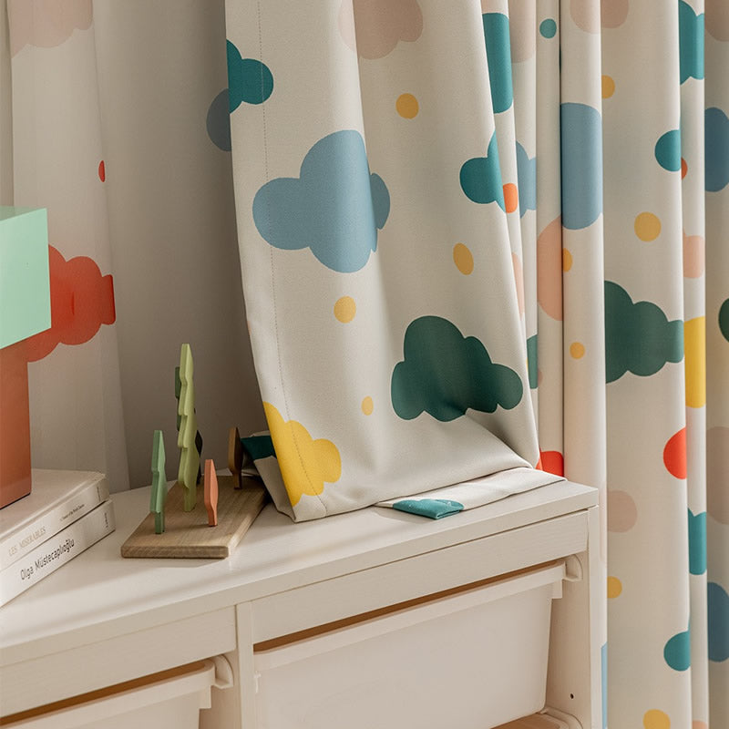Kids Beige Cotton Linen Blackout Curtains with Colorful Cloud Print